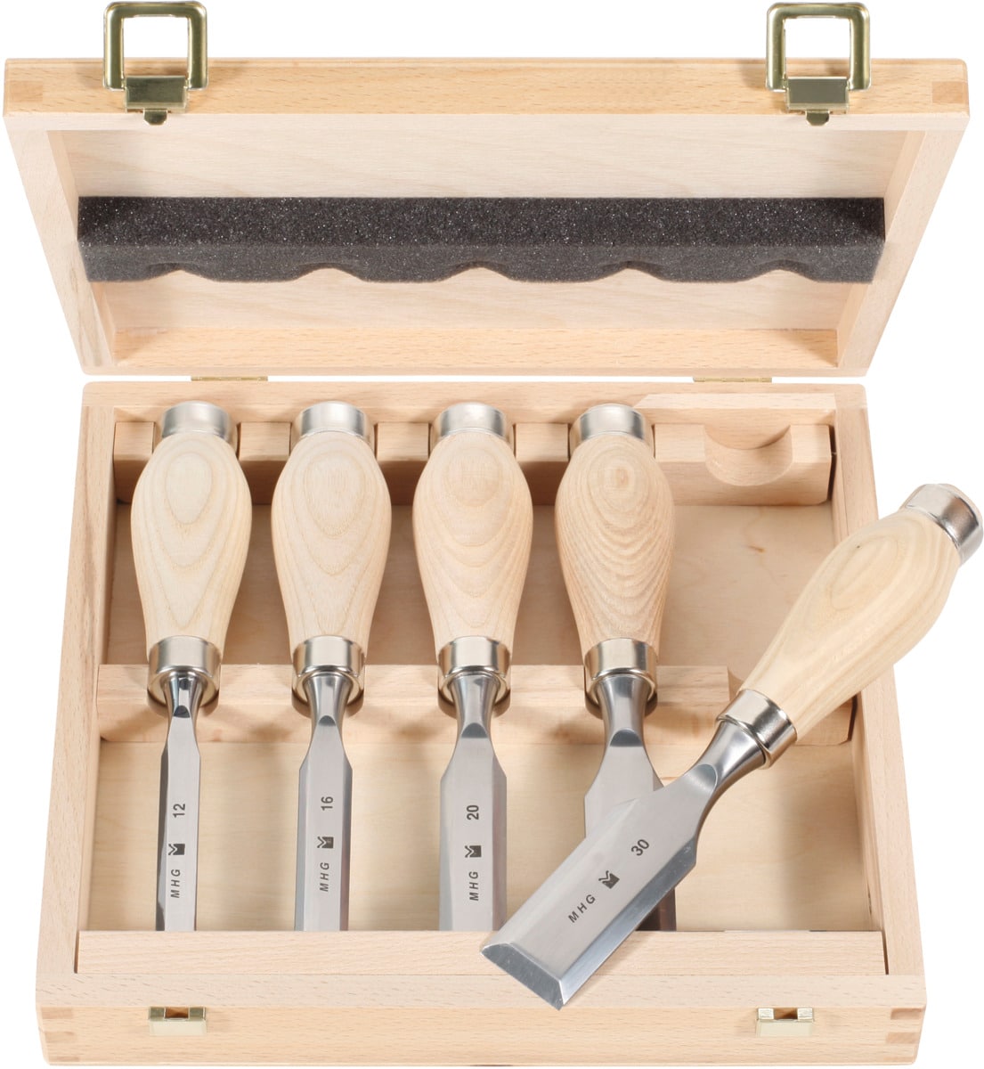 MHG - Set di 5 scalpelli corti con impugnatura in legno in cassa di legno,  Numero scalpelli: 5 - Metalworker