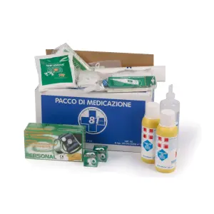 Pacco medicazione per cassette pronto soccorso e armadietti con contenuto base a norma del DM 388 15/07/03 allegato 1 e D.L. 81 del 09/04/08 art.45.