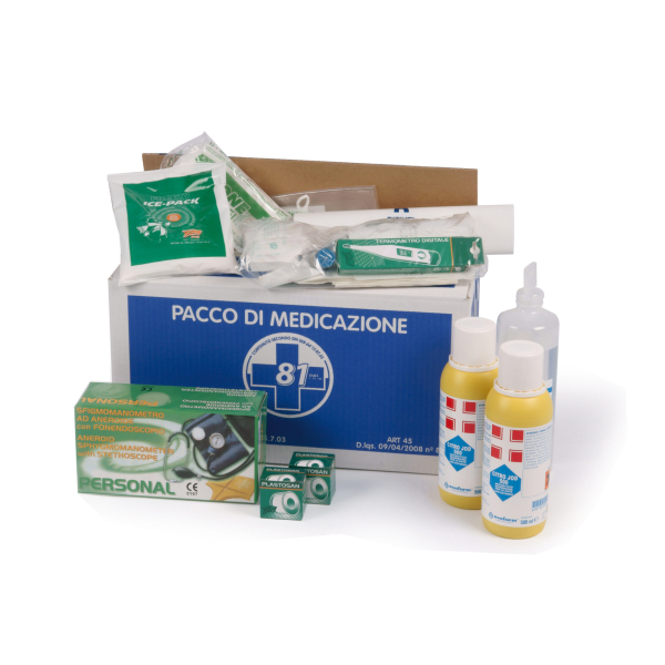 Pacco medicazione per cassette pronto soccorso e armadietti con contenuto base a norma del DM 388 15/07/03 allegato 1 e D.L. 81 del 09/04/08 art.45.